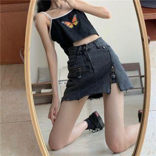 High Waist Zip-accent Denim Mini Skort