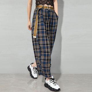 Cropped Plaid Harem Pants Plaid - Black & Blue - L