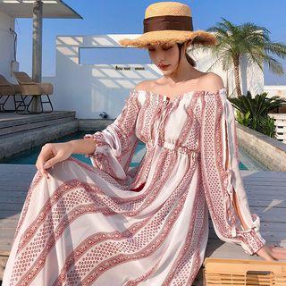 Long-sleeve Off Shoulder Striped Midi Dress