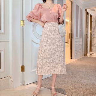 Satin Square Neck Puff-sleeve Blouse / High-waist Midi Skirt