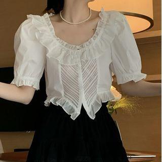 Puff-sleeve Ruffle Trim Shirt White - One Size