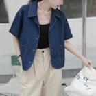 Short-sleeve Denim Cropped Jacket Dark Blue - One Size