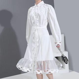 Long-sleeve Sheer Hem Shirt Dress With Sash