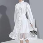 Long-sleeve Sheer Hem Shirt Dress With Sash
