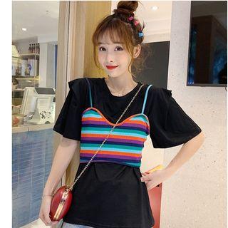 Short-sleeve T-shirt / Spaghetti Strap Striped Top / Set