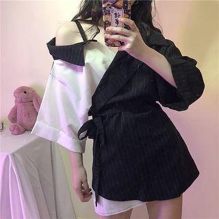 Pinstriped Asymmetrical Wrap Shirt As Shown In Figure - One Size