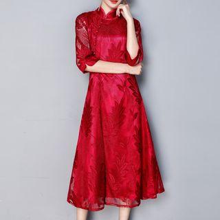 Lace Elbow-sleeve Stand-collar Dress