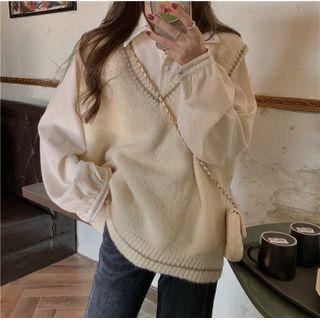 Long Sleeve Plain Shirt / V-neck Knit Vest