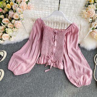 Square-neck Ruched Lace-up Puff Long-sleeve Top