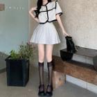 Set: Contrasted Fringed Light Jacket + Pleated Mini Skirt