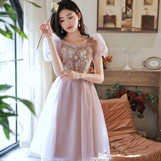 Puff-sleeve Flower Detail Cocktail Dress