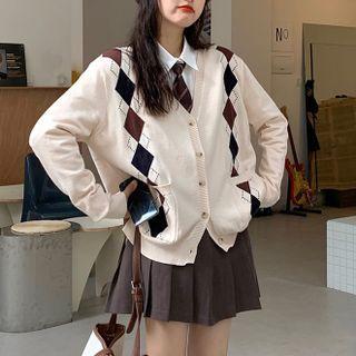 V-neck Color Panel Argyle Knit Long-sleeve Jacket