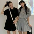 Elbow-sleeve Button-up Drawstring Jumpsuit