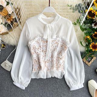 Long-sleeve Lace Panel Tie-neck Blouse