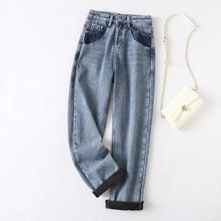 Fleece-lined Washed Boyfriend Jeans