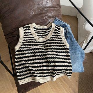 Striped Knit Sweater Vest Stripes - Black & Beige - One Size