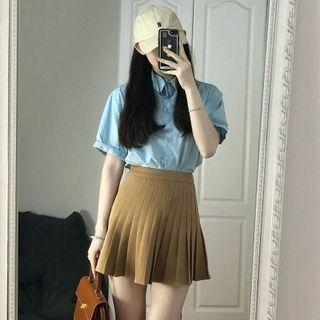 Short-sleeve Blouse / Pleated Mini A-line Skirt / Set
