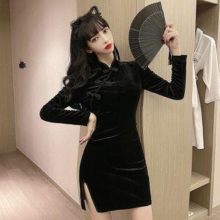 Long-sleeve Velvet Mini Sheath Qipao Dress