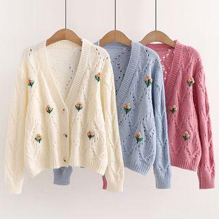 Long-sleeve Embroidered Floral Cut Out Knit Cardigan