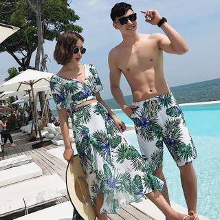 Leaf Print Shorts / Short Sleeve Cropped Swim Top / Swim Skirt