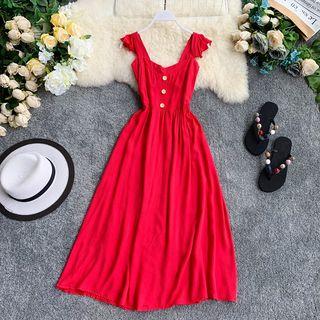 Button Detail Sleeveless Midi A-line Dress