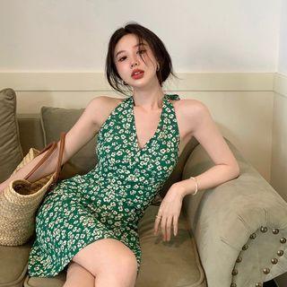 Sleeveless V-neck Floral Print Slim-fit Halter Dress