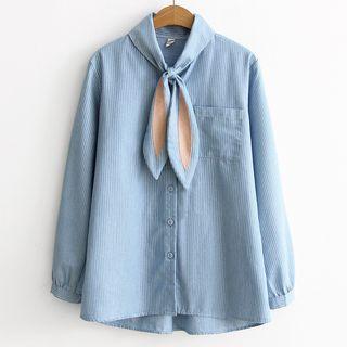 Ribbon Ear Pinstripe Long-sleeve Blouse