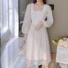 Long-sleeve Square Neck Lace Trim Floral A-line Dress