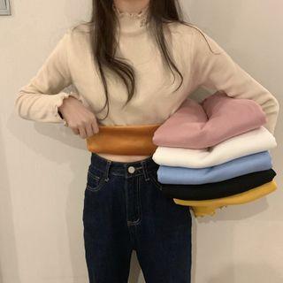 Mock Neck Embroidered Frill Trim Long-sleeve Plain Knit Top