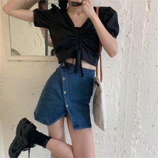 Balloon-sleeve Drawstring Blouse / Asymmetric A-line Denim Skirt