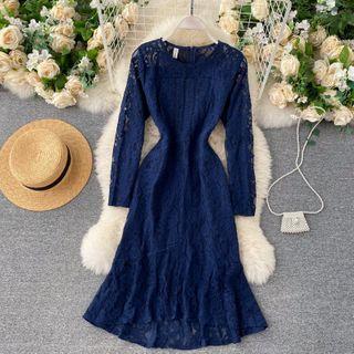 Round-neck Long-sleeve Lace Mermaid Dress