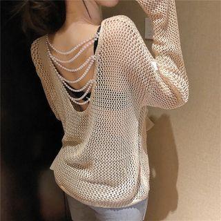 Long-sleeve Beaded Open-knit Top