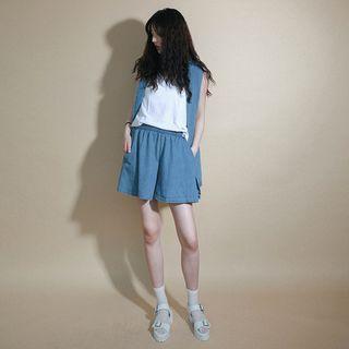 Set: Sleeveless Double-breasted Denim Top + Band-waist Denim Shorts