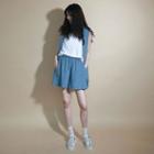 Set: Sleeveless Double-breasted Denim Top + Band-waist Denim Shorts