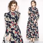 Long-sleeve Flower Print Maxi A-line Dress