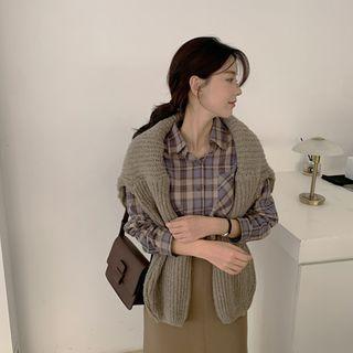Drop-shoulder Pocket-front Plaid Shirt Beige - One Size