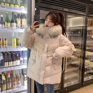 Tweed Panel Furry Neck Padded Coat