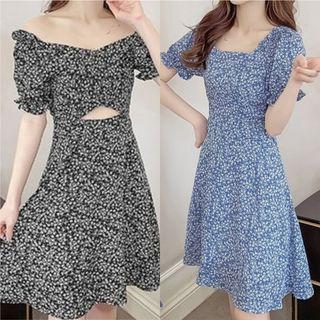 Puff-sleeve Floral Cutout Mini A-line Dress