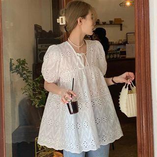 Puff-sleeve Pointelle Loose-fit Top White - One Size