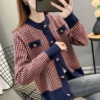 Long-sleeve Contrast Trim Panel Plaid Knit Cardigan