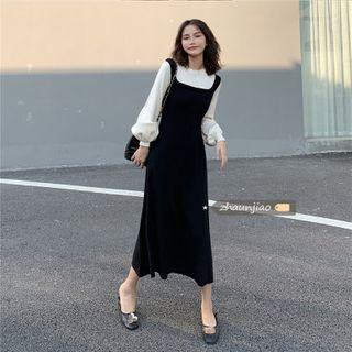 Mock Two-piece Color-block Long-sleeve Knit Dress As Figure - One Size
