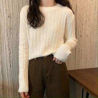 Plain Long-sleeve Rib Knit Top