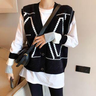 Button-up Pattern Sweater Vest Black - One Size
