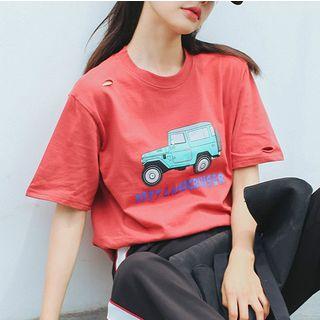 Distressed Print Short-sleeve T-shirt Rust Red - One Size