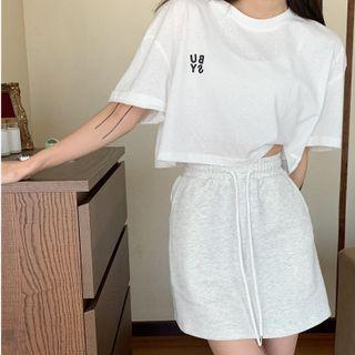 Short-sleeve Lettering T-shirt / Drawstring Mini Pencil Skirt