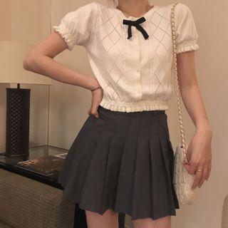 Bow Ruffle Trim Cropped Knit Cardigan As Shown In Figure - One Size