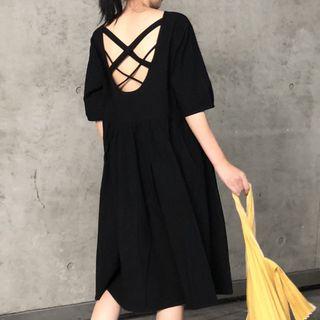 Cross Back Elbow-sleeve Midi A-line Dress Black - One Size