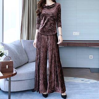 Set: Long-sleeve Velvet Top + Wide-leg Pants