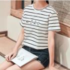 Striped Short-sleeve Cartoon Embroidered T-shirt