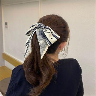 Printed Satin Hair Tie 1 Pc - Dark Blue & Almond - One Size